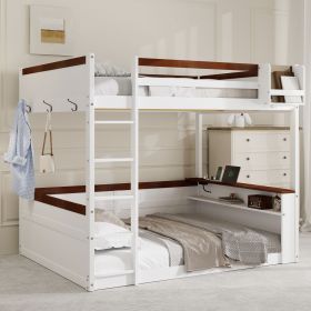 Queen Size Wooden Bunk Bed with Built-in Shelves,Storage Box,LED Light and USB Charging Station,White(ETA:6/30)