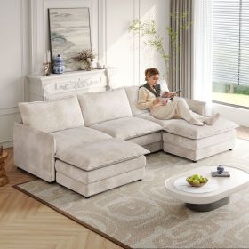Corduroy Fabric 3-Seater Comfy Cloud Couch with 2 Movable Footrest for Living Room,Oversized Deep Seat U Shaped Couch Set