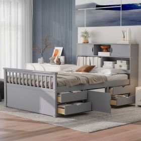Full Size Captain Platform Bed Frame with Storage Bookcases and Shelves,Four Drawers,Gray