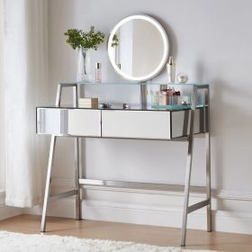 33.9" Mirrored Makeup Vanity Desk with Mirror and Lights, Mirrored Console Vanity Table with 2 Big Drawers & Open Shelf