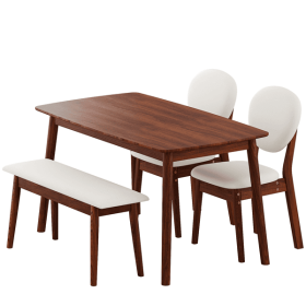 1 Table 2 Chairs 1 Bench Dining Set, Rubber Wood Frame with Beige Upholstered Seats, Deep Walnut Finish Rectangular Kitchen Dining Furniture