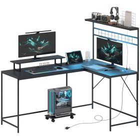 61.6" L Shaped Gaming Desk with Power Outlets & LED Lights, Computer Desk with Monitor Stand and CPU Shelf, Black