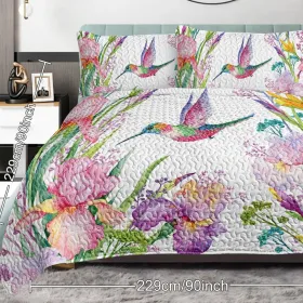 3pcs Colorful Bird Flower Design Quilt Set Soft Warm Bedding Set Include 1 Quilt And 2 Pillowcases For Home Bedroom Decor All Season (Option: Queen-pink)